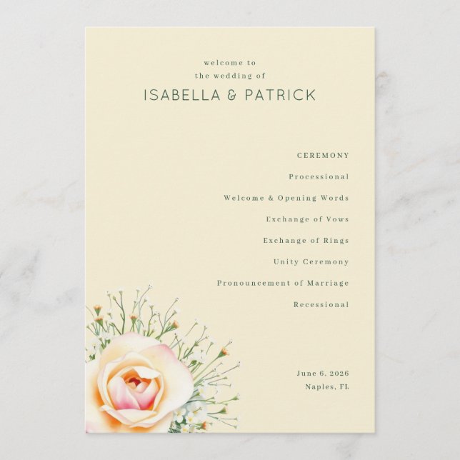 Elegante beige florale Hochzeit Programm (Vorderseite)