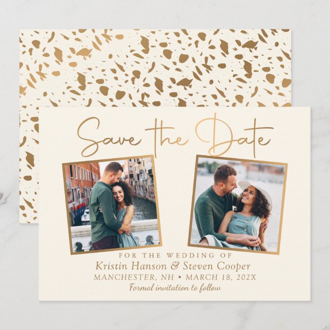 Elegante Beige Gold 2 Foto Save the Date Karte (Vorne/Hinten)