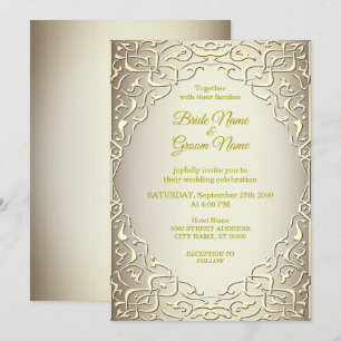Elegante Beige Goldene Dekorative Hochzeits-Einlad Einladung