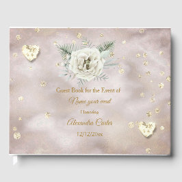 Elegante Beige Goldene Rosenherzen Rose Blumen Gästebuch