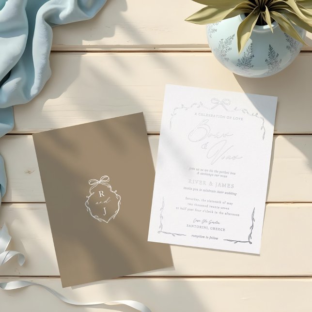 Elegante Beige Hand Drawn Bow & Ribbon Wedding Folieneinladung (Elegant Blue Hand Drawn Bow & Ribbon Wedding Foil Invitation)