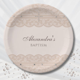 Elegante Beige Kreuz Taufzeremonie Christliche Tau Pappteller