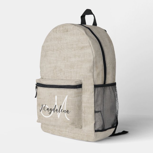 Elegante beige Leinenstruktur Bedruckter Rucksack (Rückseitige Ecke Rechts)