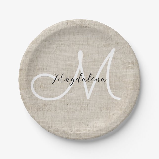 Elegante beige Leinenstruktur Pappteller (Vorderseite)