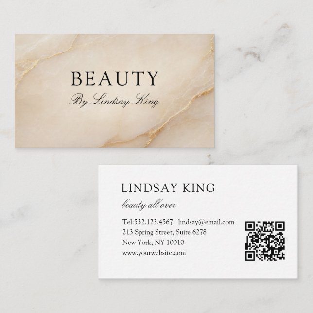 Elegante Beige-Marmor-QR-Code-Visitenkarte Terminkarte (Vorne/Hinten)