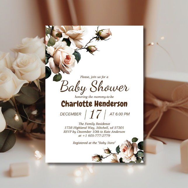 Elegante Beige Rose Girl Babydusche Einladung (Gentle Girl Baby Shower Invite!)