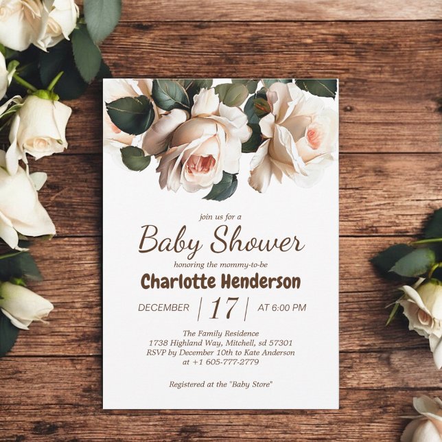 Elegante Beige Rose Girl Babydusche Einladung (Elegant Beige Rose Girl Baby Shower Invitation)