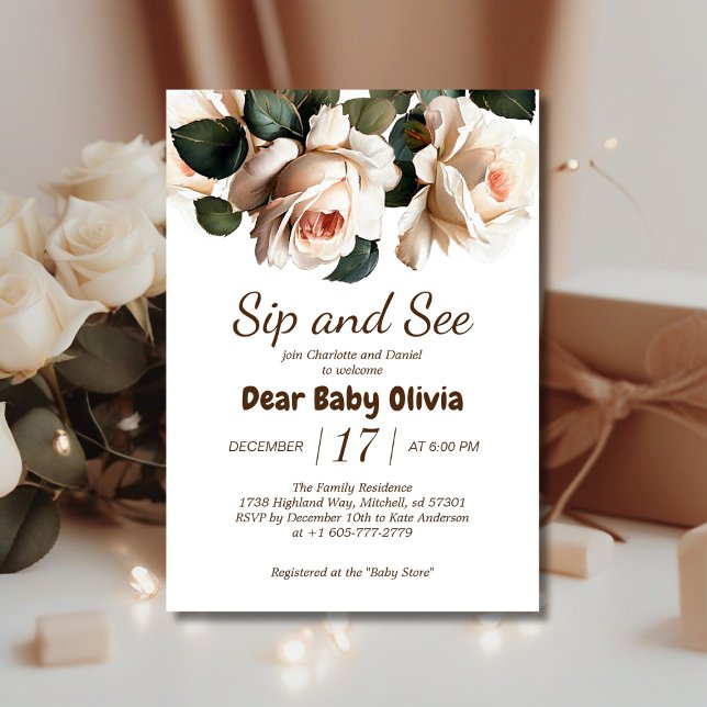 Elegante Beige Rose Sip and See Girl Baby Shower Einladung (Gentle Sip & See Baby Shower Invite!)