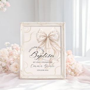 Elegante beige Schleife mit Perle zur Taufe Willko Poster