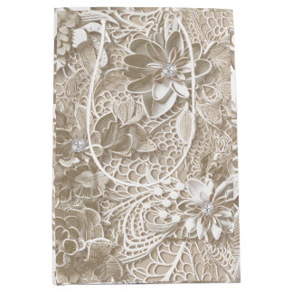 Elegante beige Spitze mit Diamant Mittlere Geschenktüte