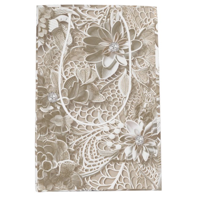 Elegante beige Spitze mit Diamant Mittlere Geschenktüte (Vorderseite)