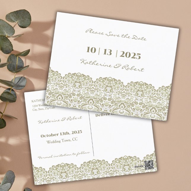 Elegante Beige Spitze Save the Date Postkarte (Von Creator hochgeladen)