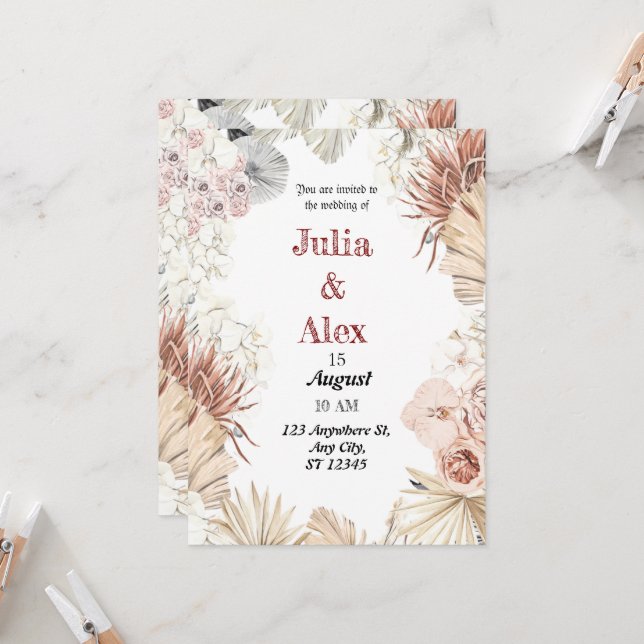 Elegante Beige Tropical Watercolor Boho Bouquet We Einladung (Vorderseite/Rückseite Beispiel)