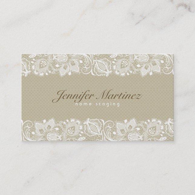 Elegante Beige und Vintage Blumenspitze Visitenkarte (Vorderseite)