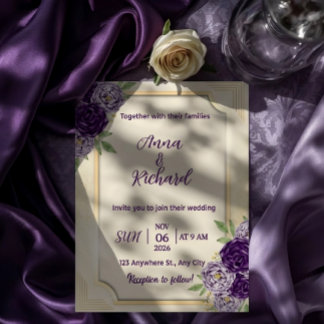 Elegante Beige- und violette Blumenhochzeits-Einla Einladung