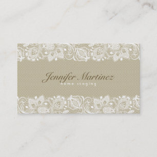 Elegante Beige- und Weiße Vintage-Blumen-Spitze Visitenkarte