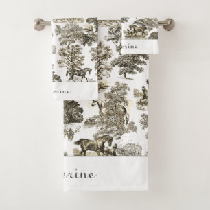 Elegante Beige Weiße Rustikale Pferde Name Badhandtuch Set