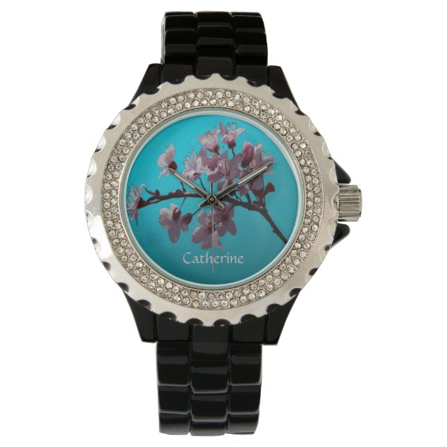 "Elegante bemalte Kirschblüten auf blauem Himmel Armbanduhr (Vorderseite)