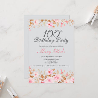 Elegante bemalte rosa Rosen-Blumen-100. Geburtstag Einladung