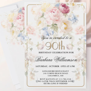 Elegante bemalte rosa Rosen-Blumen zum 90. Geburts Einladung