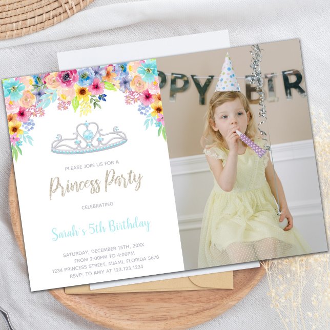 Elegante, benutzerdefinierbare Princess-Party Einl Einladung (Crown Floral Princess Birthday Invitations w photo)