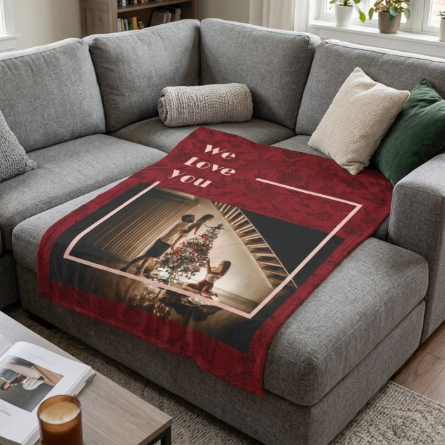 Elegante, benutzerdefinierte Foto-Textdatei mit Bl Fleecedecke (Elegant Floral Custom Family Photo Text Red Fleece Blanket)