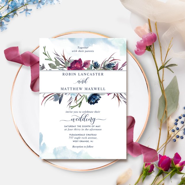 Elegante Berry Blue Floral and Watercolor Wedding Einladung (Von Creator hochgeladen)