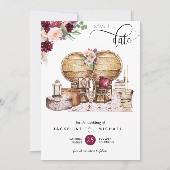 Elegante Berry und Blush Boho Hochzeit speichern d Save The Date (Vorderseite)