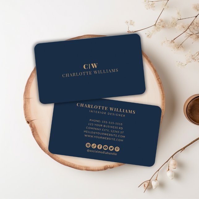 Elegante Berufliche Monogram Gold Navy Visitenkarte (Elegant Professional Simple Monogram Gold Navy Business Card)