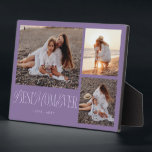Elegante Best Mama Ever Lila Collage Fotoplatte<br><div class="desc">Elegante und einzigartige Foto-Sake-Plakette mit 3 Fotos von Ihnen mit einem Typografie-Text,  der "Beste Mutter aller Zeiten" in einer Mischung aus Drehbuch und Serif-Schriftart. Der Hintergrund ist lila.</div>