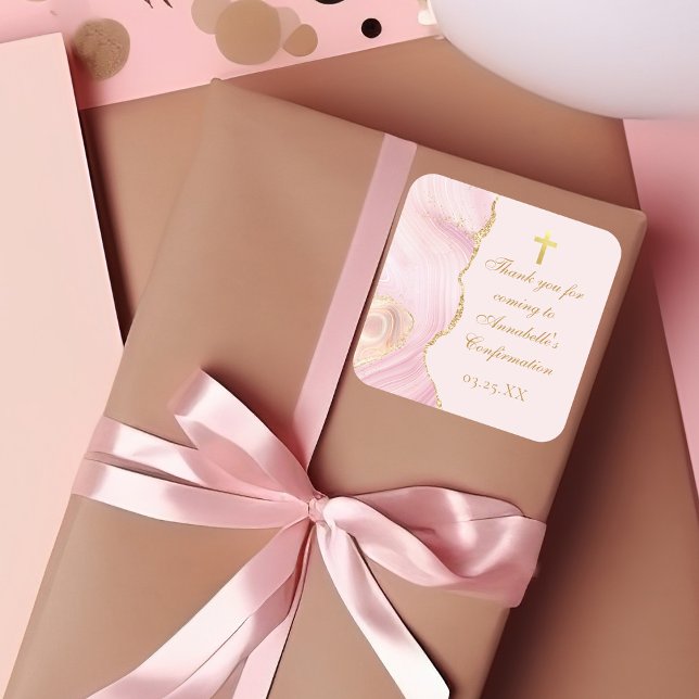 Elegante Bestätigung Cross Pink Gold Agate Custom Quadratischer Aufkleber (Von Creator hochgeladen)