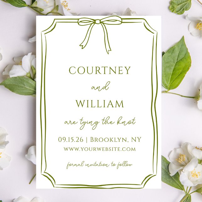 Elegante Bindung des von Hand Gezeichnet Bow Olive Save The Date (Customize this minimalist olive green invitation, ideal for classic weddings with a natural touch.)