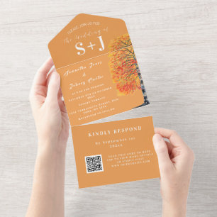 Elegante Birkenbaum-Herbst-QR-Code-Hochzeits-RSVP All In One Einladung