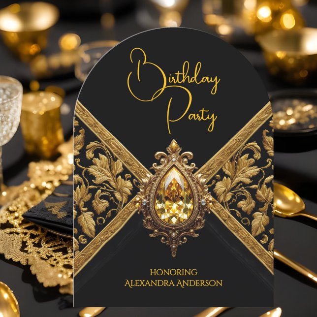Elegante Birthday Black Gold Jewel Fabric Einladung (Von Creator hochgeladen)