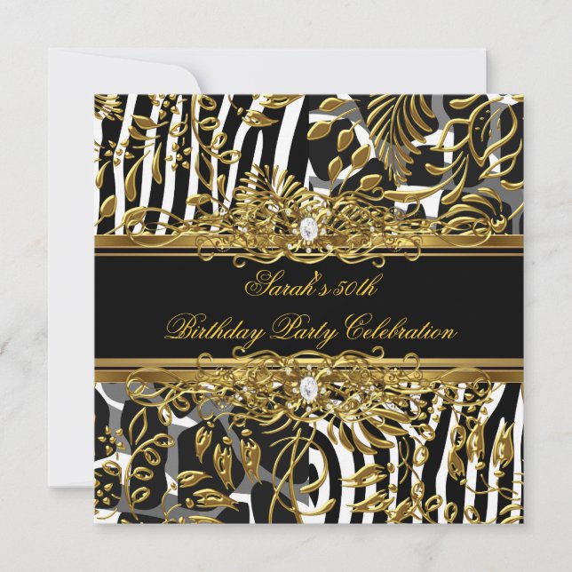 Elegante Birthday Party Animal Black Gold Damask Einladung (Vorderseite)