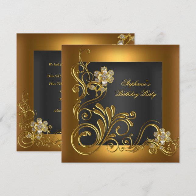 Elegante Birthday Party Black Gold Blume Einladung (Vorne/Hinten)