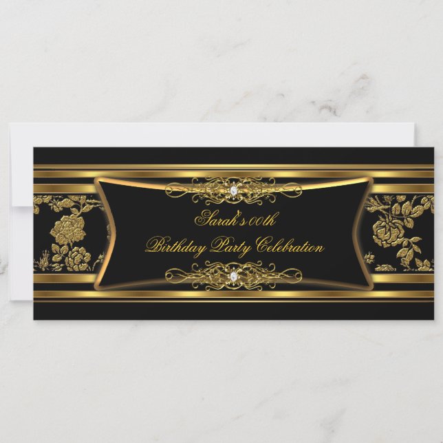 Elegante Birthday Party Black Gold Damask Einladung (Vorderseite)