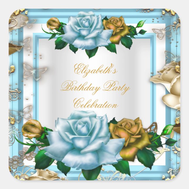Elegante Birthday Party Blue Rose Weißes Gold Crea Quadratischer Aufkleber (Vorderseite)