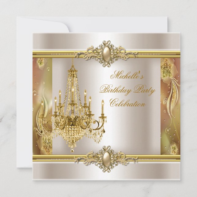 Elegante Birthday Party Cream Gold Pearl Chandelie Einladung (Vorderseite)