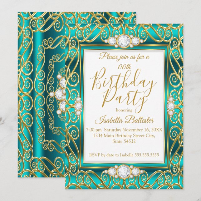 Elegante Birthday Party Gold Aquamarin Jade Diamon Einladung (Vorne/Hinten)
