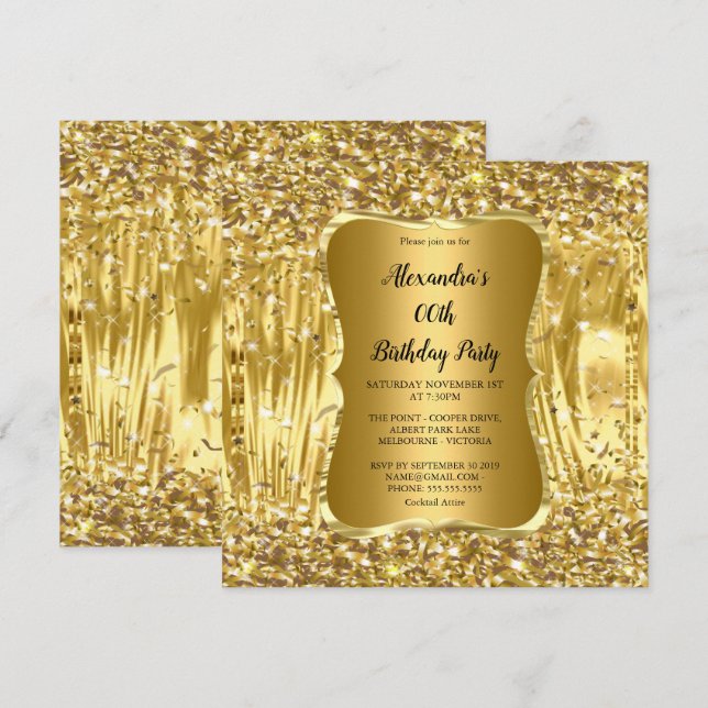 Elegante Birthday Party Gold Glitzer Confetti Einladung (Vorne/Hinten)