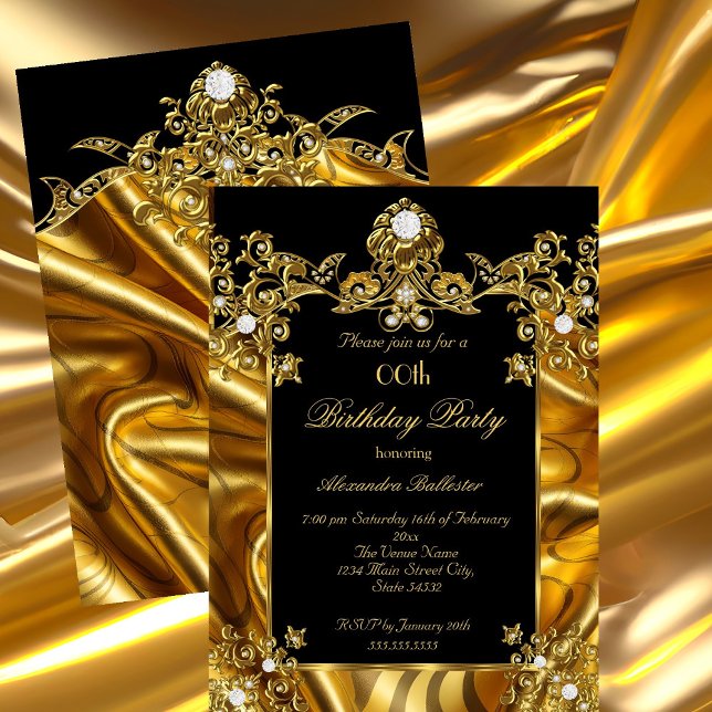 Elegante Birthday Party Gold Silk Black Diamonds Einladung (Von Creator hochgeladen)