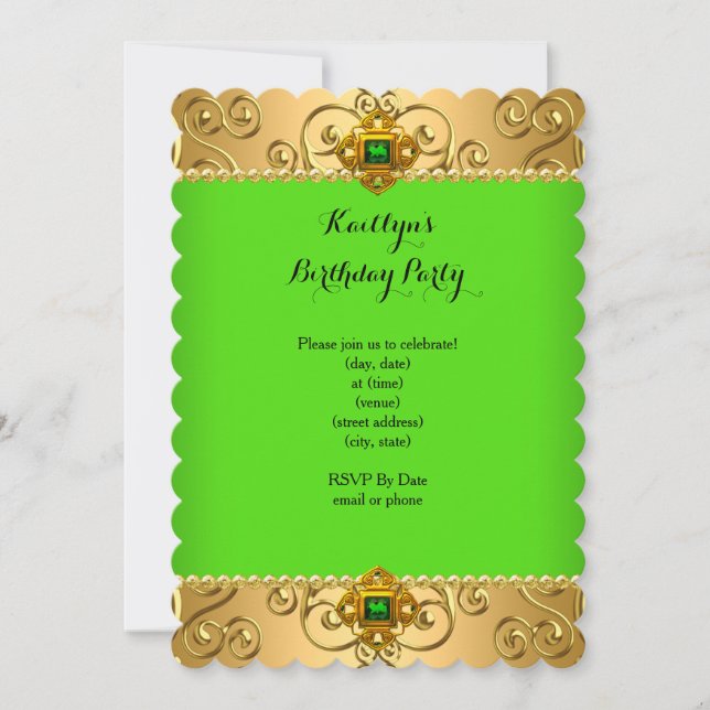 Elegante Birthday Party Green Limon Damask Gold B Einladung (Vorderseite)