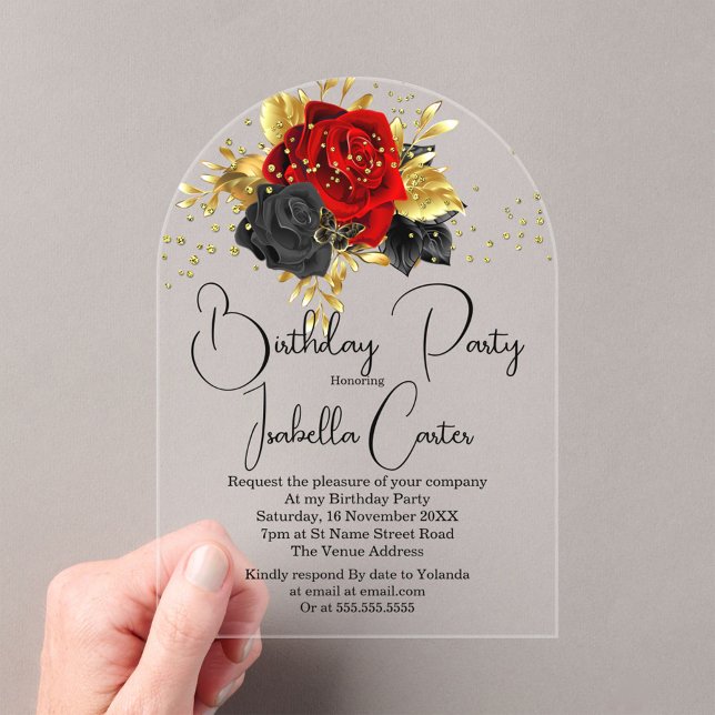 Elegante Birthday Party Red Gold Black Blume Acryleinladungen (Von Creator hochgeladen)