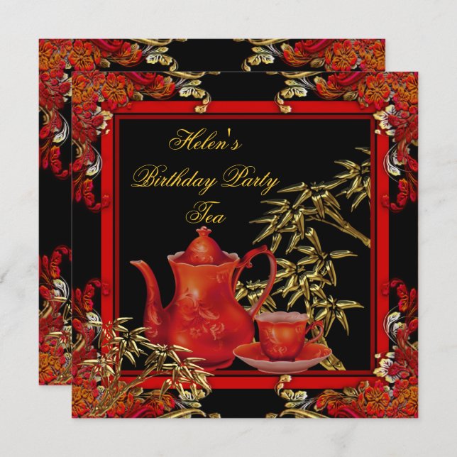 Elegante Birthday Party Tea Red Gold Bamboo Einladung (Vorne/Hinten)