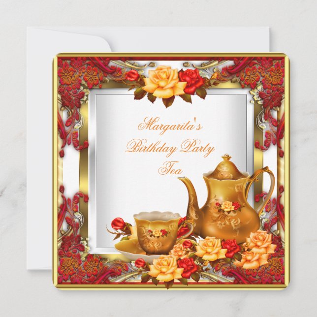 Elegante Birthday Party Tea Red Gold Orange Rose Einladung (Vorderseite)