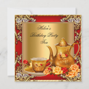 Elegante Birthday Party Tea Red Gold Rose Einladung