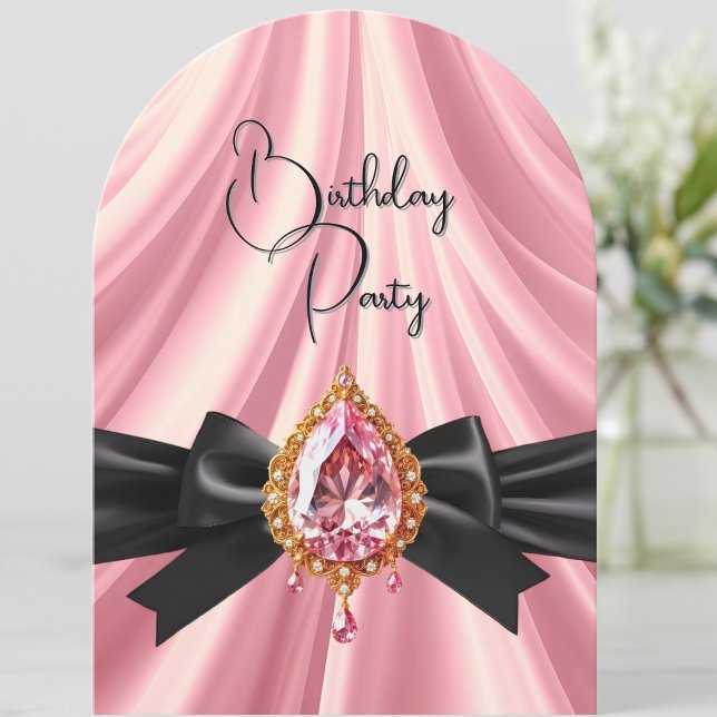 Elegante Birthday Pink Gold Black Jewel Bow Einladung (Von Creator hochgeladen)