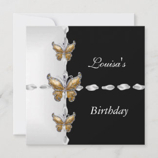Elegante Birthday Schwarz-weiß Gold Bronze Butterf Einladung