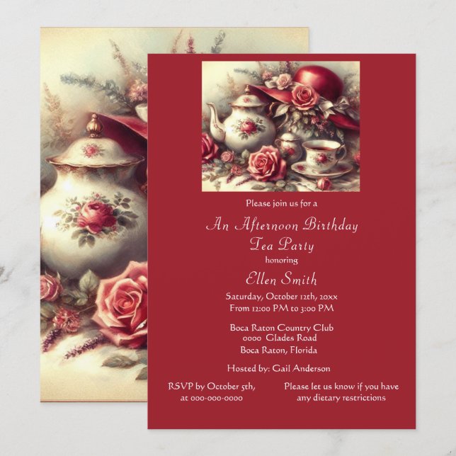 Elegante Birthday Tea Party Rote Rose Einladung (Vorne/Hinten)